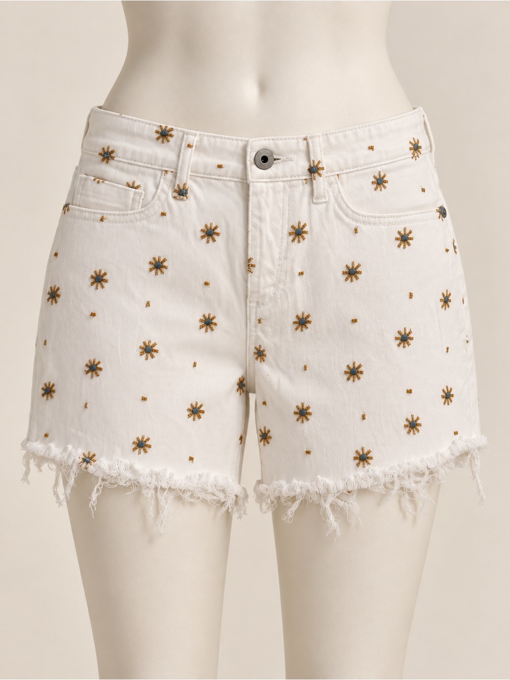 Pilcro Anthro White Floral Embroidered Denim Frayed Hem Shorts Slim Boyfriend 25